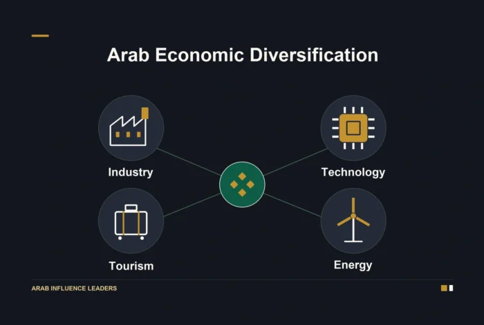 Four connected symbols represent industry, technology, tourism, and energy as elements of economic diversification.