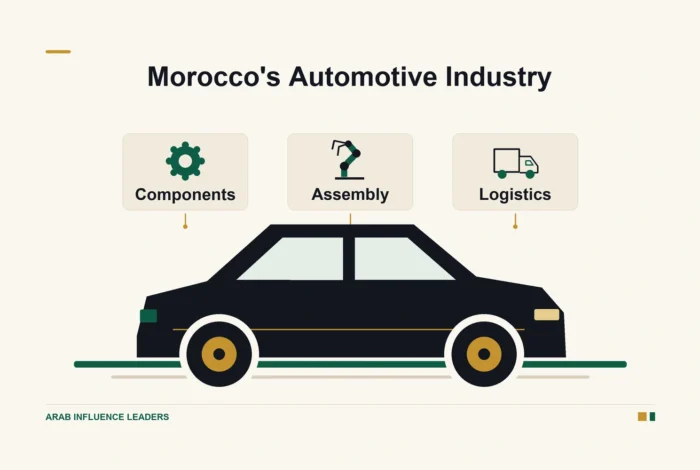 An unbranded car and symbols for components, assembly, and logistics illustrate Morocco's automotive supply chain.